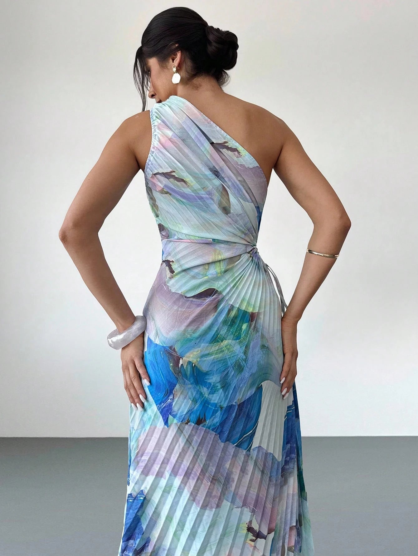 Firerie Women's Steel Blue Floral Summer Elegant Wedding Brunch Date Picnic Guest Dress, Asymmetrical Print Waist Hollow Pleated One-Shoulder Seaside Outfit
