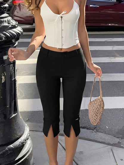 Firerie Women's Summer Minimalist Elegant Casual Commute Slim Fit Capri Pants, Black Knit Tight Mid-Waist Pants With Pockets, Airport Outfit, Teacher Outfit, Modern Urban Style