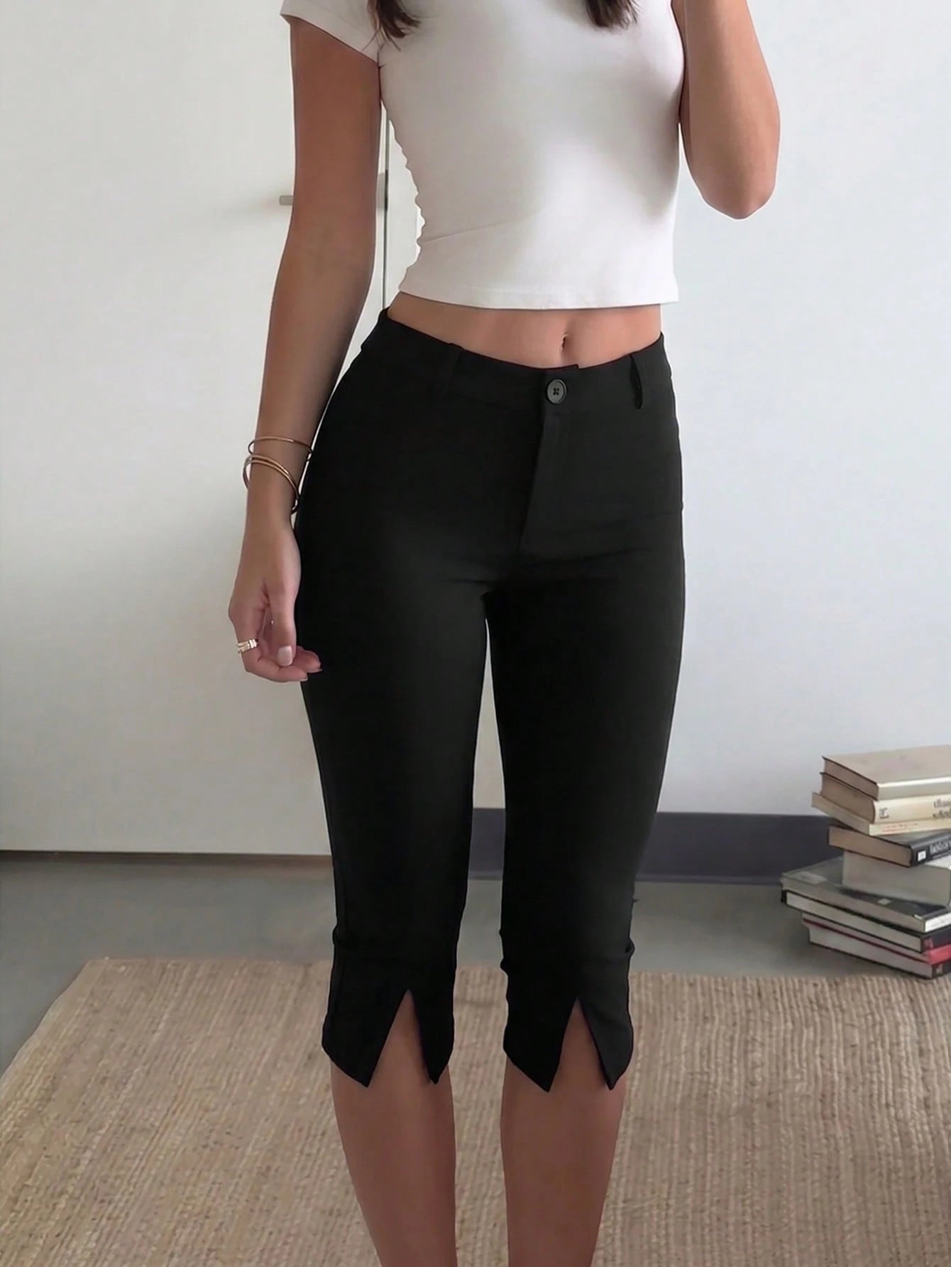Firerie Women's Summer Minimalist Elegant Casual Commute Slim Fit Capri Pants, Black Knit Tight Mid-Waist Pants With Pockets, Airport Outfit, Teacher Outfit, Modern Urban Style