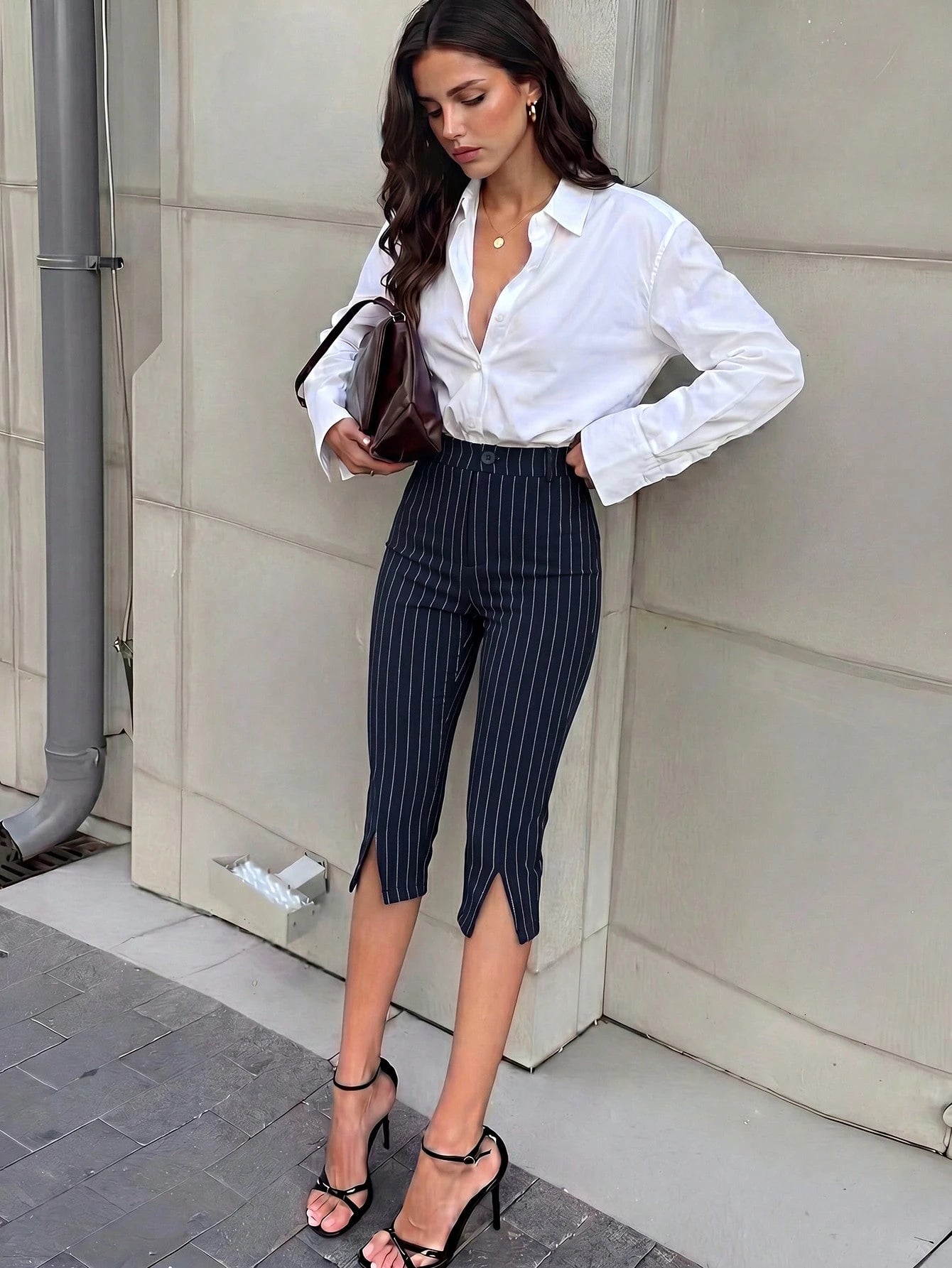 Firerie Women's Summer Minimalist Elegant Casual Commute Slim Fit Capri Pants, Black Knit Tight Mid-Waist Pants With Pockets, Airport Outfit, Teacher Outfit, Modern Urban Style