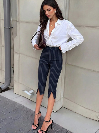 Firerie Women's Summer Minimalist Elegant Casual Commute Slim Fit Capri Pants, Black Knit Tight Mid-Waist Pants With Pockets, Airport Outfit, Teacher Outfit, Modern Urban Style