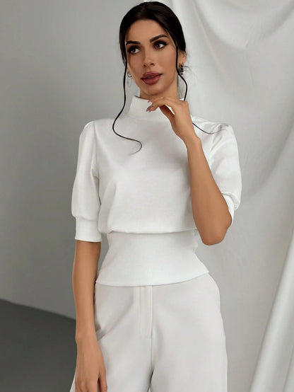 Firerie Women's White T-Shirt With Gathered Waist And Puffed Sleeves, Elegant Look For Outings