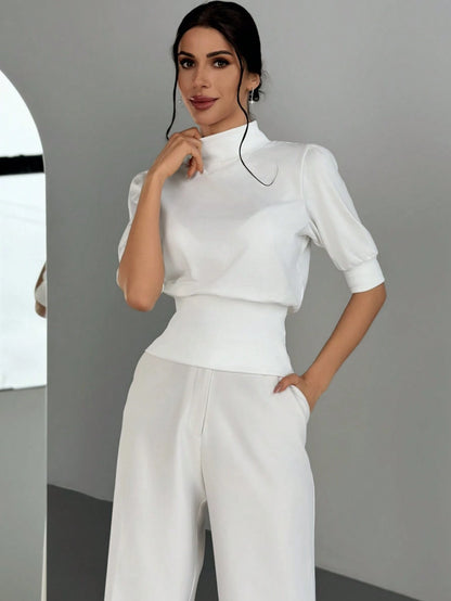 Firerie Women's White T-Shirt With Gathered Waist And Puffed Sleeves, Elegant Look For Outings