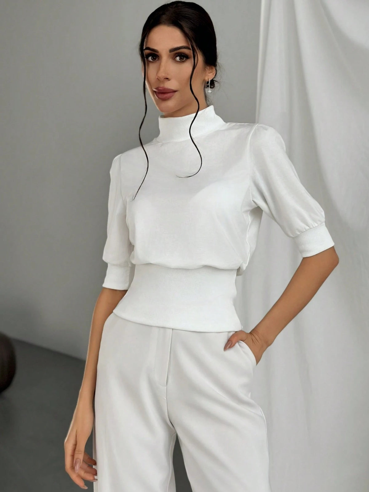 Firerie Women's White T-Shirt With Gathered Waist And Puffed Sleeves, Elegant Look For Outings