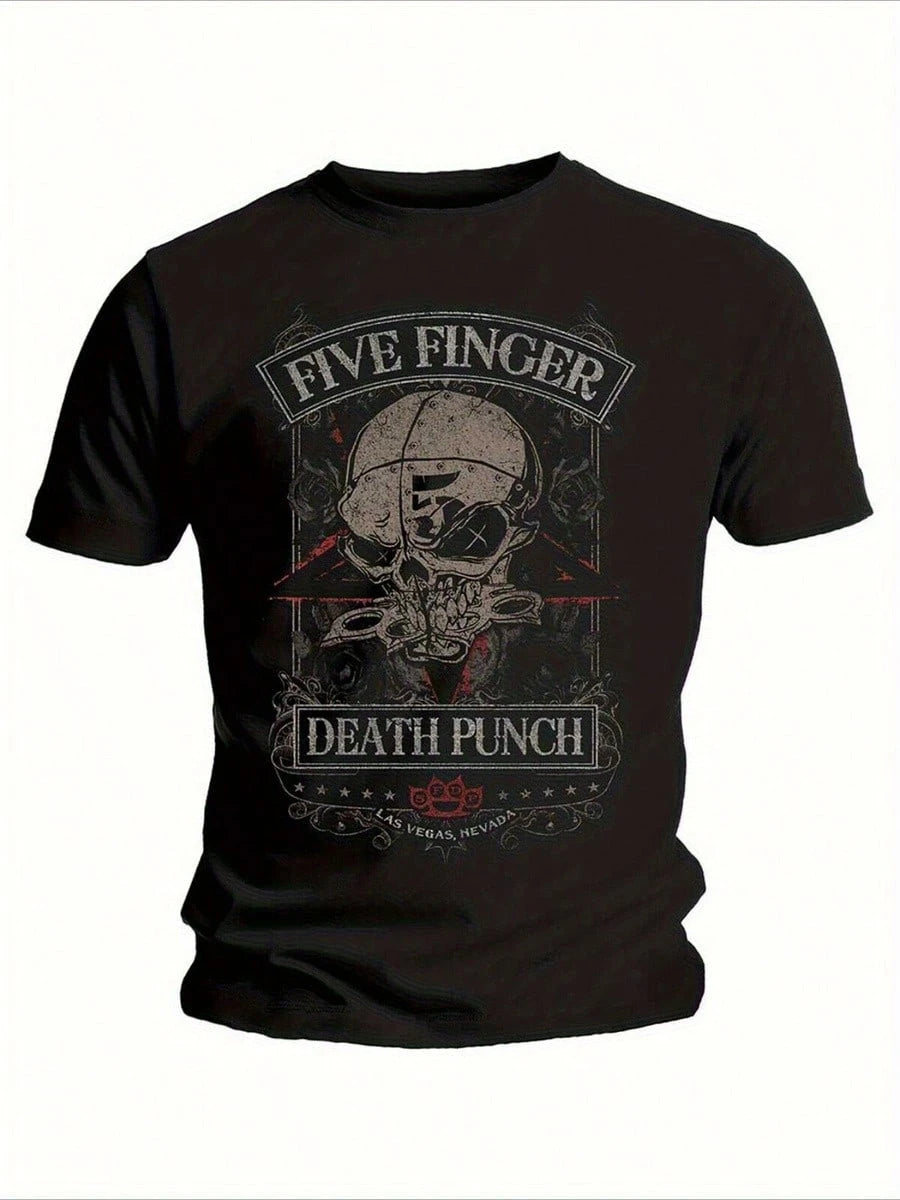 FIVE FINGER Skull Graphic Vintage Black-Shirt- Unique Helmets And Death Punch Design, Retro Style Tee With Eye-Catching Colors