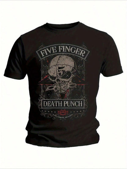 FIVE FINGER Skull Graphic Vintage Black-Shirt- Unique Helmets And Death Punch Design, Retro Style Tee With Eye-Catching Colors
