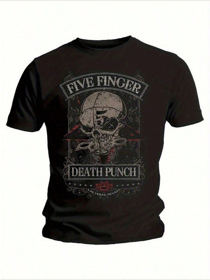 FIVE FINGER Skull Graphic Vintage Black-Shirt- Unique Helmets And Death Punch Design, Retro Style Tee With Eye-Catching Colors