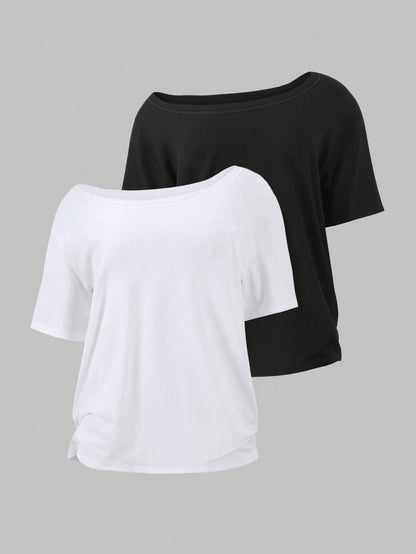 Flirla 2pcs/Set Oblique Shoulder Loose T-Shirt,Asymmetric Shoulder Off-Shoulder T-Shirt, Plus Size Women's Top