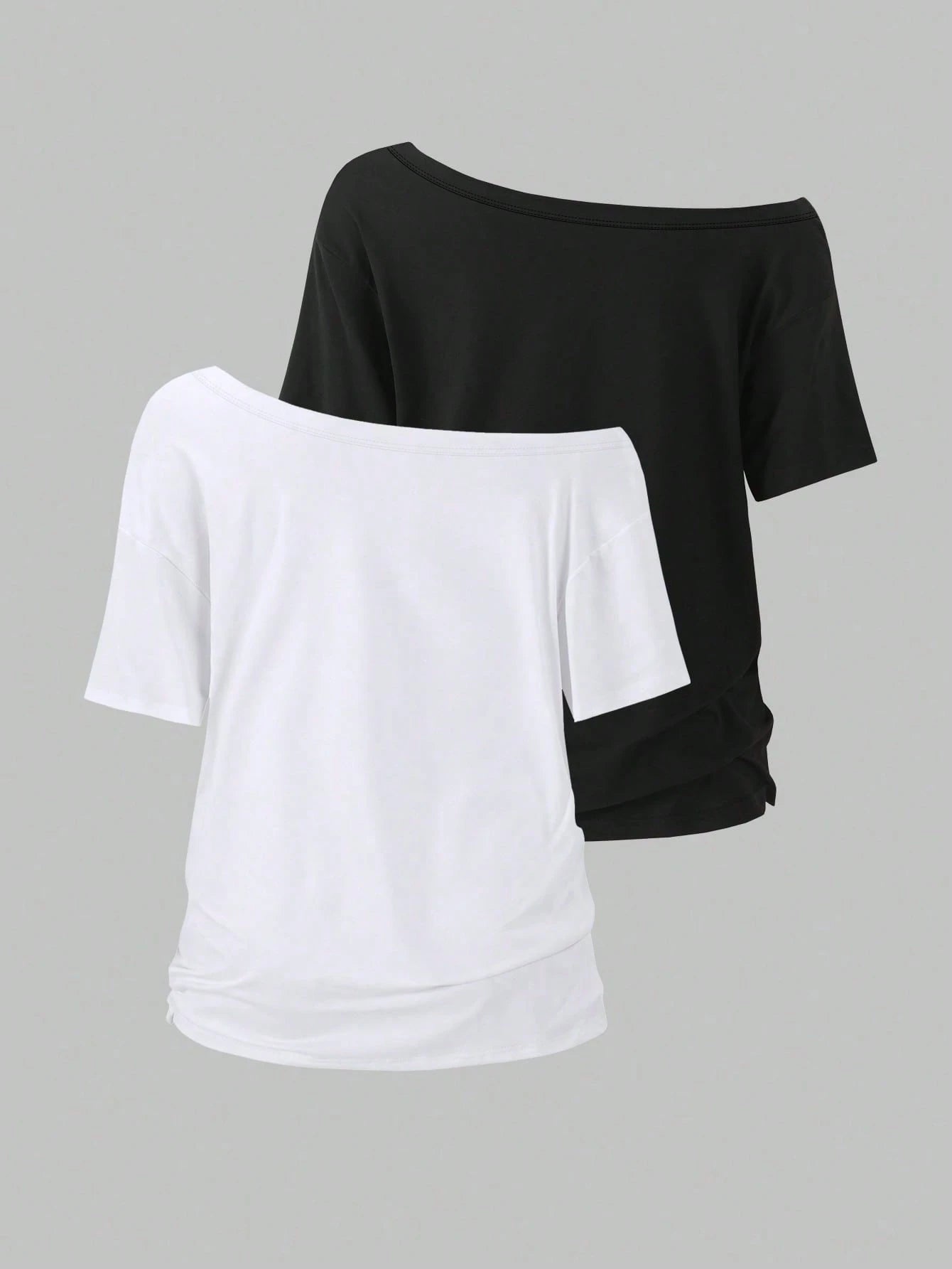 Flirla 2pcs/Set Oblique Shoulder Loose T-Shirt,Asymmetric Shoulder Off-Shoulder T-Shirt, Plus Size Women's Top