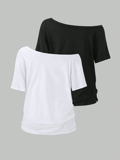 Flirla 2pcs/Set Oblique Shoulder Loose T-Shirt,Asymmetric Shoulder Off-Shoulder T-Shirt, Plus Size Women's Top
