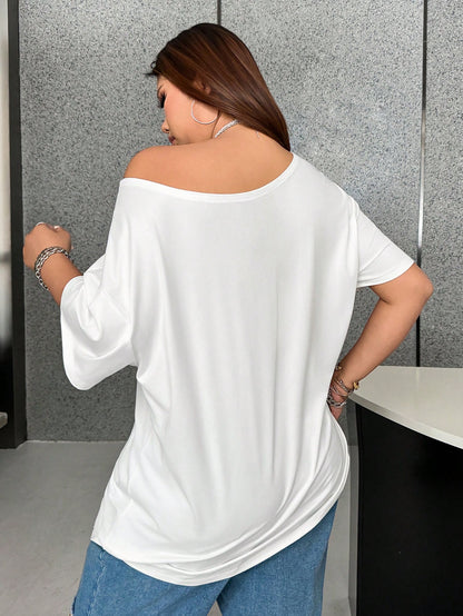 Flirla 2pcs/Set Oblique Shoulder Loose T-Shirt,Asymmetric Shoulder Off-Shoulder T-Shirt, Plus Size Women's Top