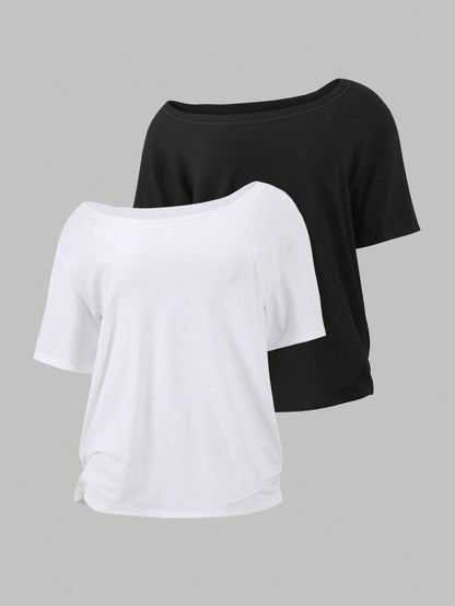Flirla 2pcs/Set Oblique Shoulder Loose T-Shirt,Asymmetric Shoulder Off-Shoulder T-Shirt, Plus Size Women's Top