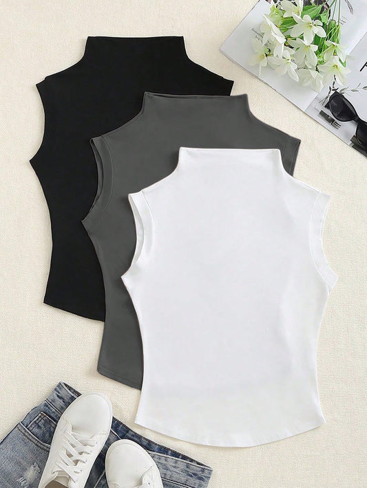 Flirla Solid Color Funnel Neck Slim Fit T-Shirt For Summer