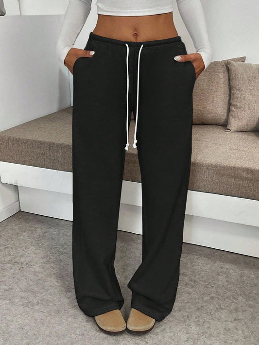Flirla Tall Women's High-Waisted Wide Leg Pants,Black Winter Casual Lounge Drawstring Elastic Waist Loose Comfortable Trousers,Flattering Fall Cloth For Women, Tall Women