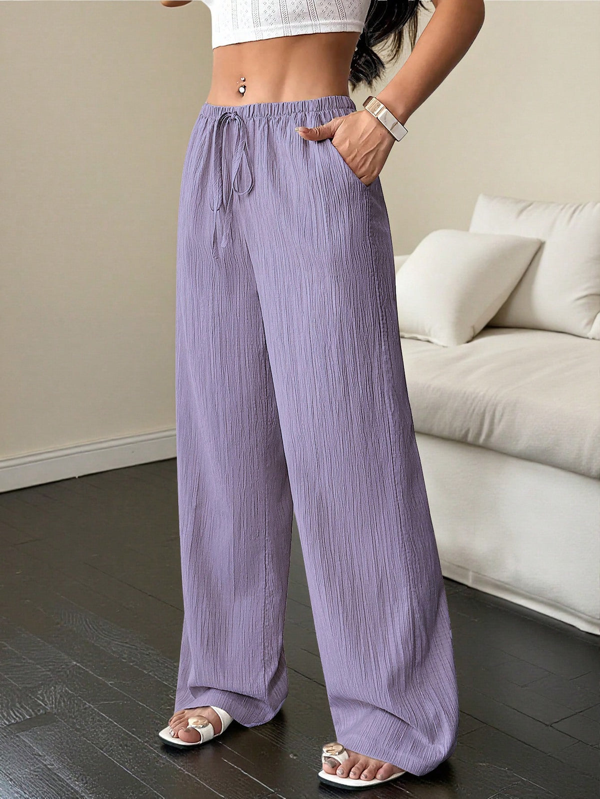 Flirla Women's Solid Color Waist Tie Pocket Wide Leg Loose Pants