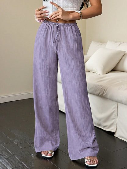 Flirla Women's Solid Color Waist Tie Pocket Wide Leg Loose Pants