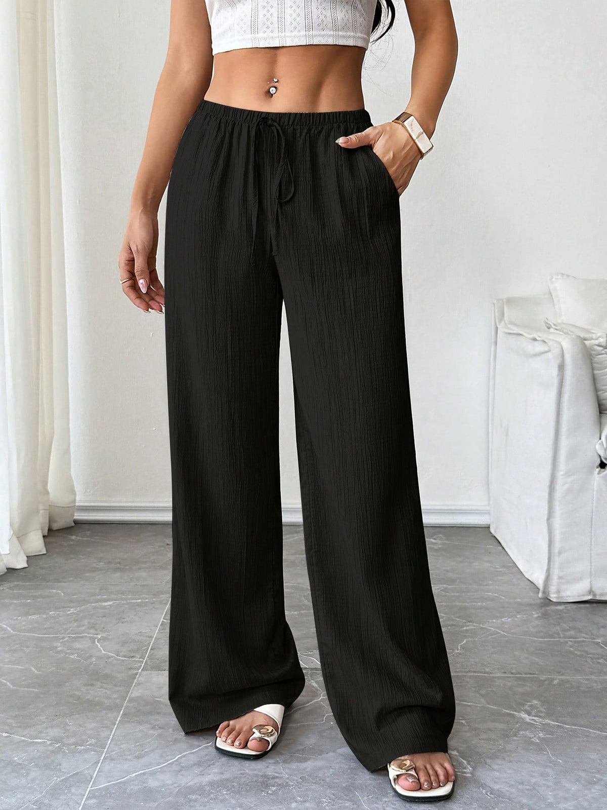 Flirla Women's Solid Color Waist Tie Pocket Wide Leg Loose Pants
