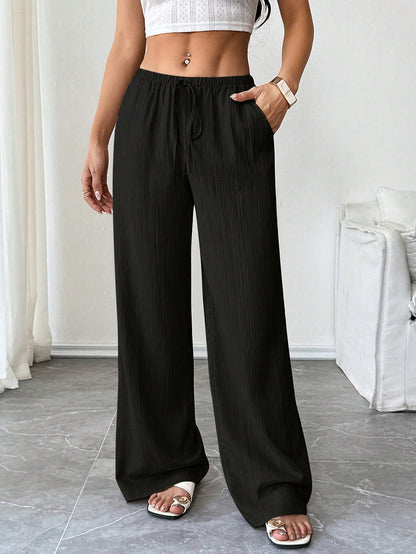 Flirla Women's Solid Color Waist Tie Pocket Wide Leg Loose Pants
