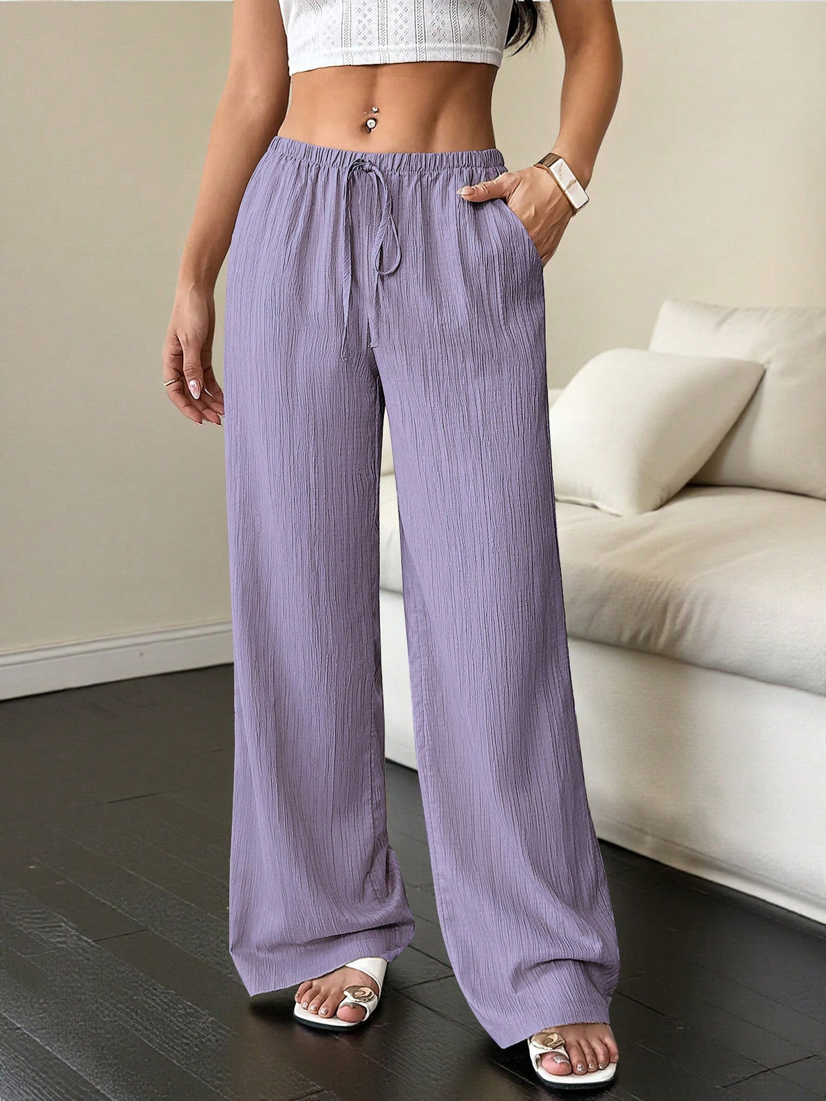 Flirla Women's Solid Color Waist Tie Pocket Wide Leg Loose Pants