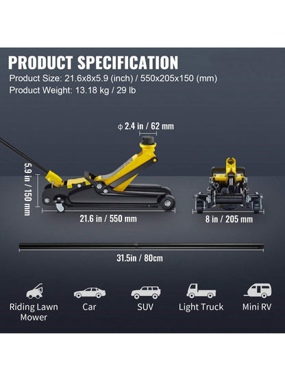 Floor Jack, Low Profile Floor Jack, Heavy-Duty Steel, Aluminum And Steel Racing Floor Jack With Dual Pistons Quick Lift Pump
