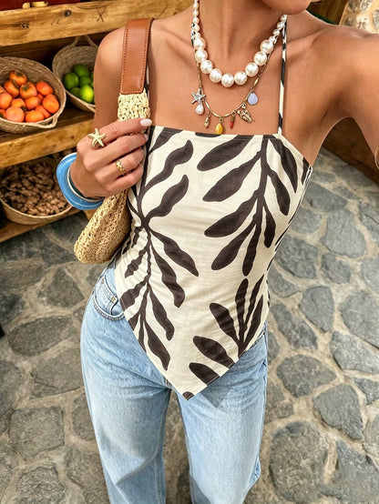 Flora Isola Flora Isola Women's Spring And Summer Elegant Leisure Vacation Multi-Functional Leaf Print Sleeveless Bustier Backless Bow Tie Strap Design Shoulder Strap Blouse