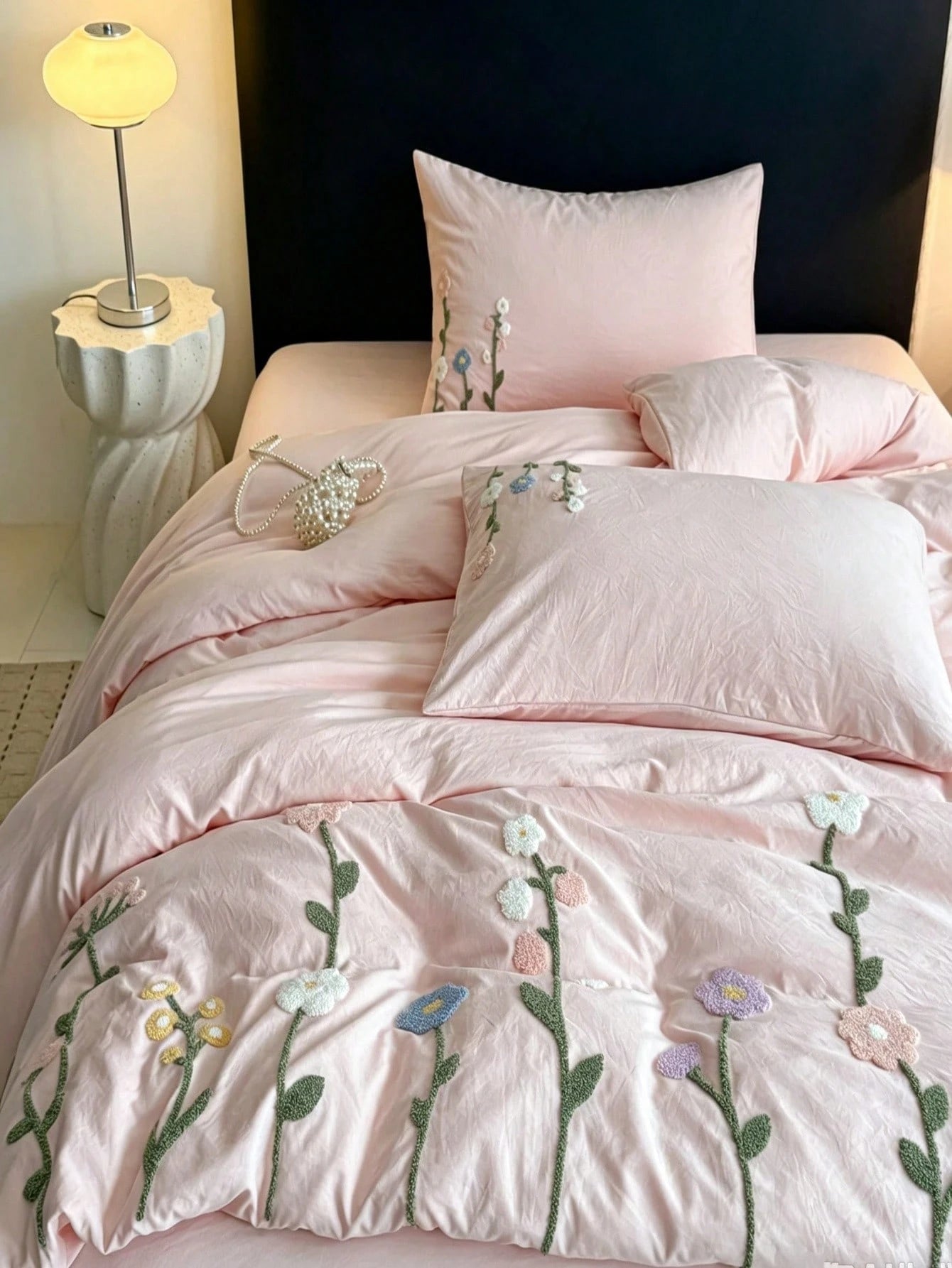Floral Embroidery Duvet Cover Queen Size- Soft Bedding Set For Girls& Adults, Zipper Closure, 3 Pieces, Includes 1 Duvet Cover (90"X90") & 2 Pillow Shams, NO Comforter