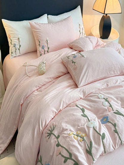 Floral Embroidery Duvet Cover Queen Size- Soft Bedding Set For Girls& Adults, Zipper Closure, 3 Pieces, Includes 1 Duvet Cover (90"X90") & 2 Pillow Shams, NO Comforter