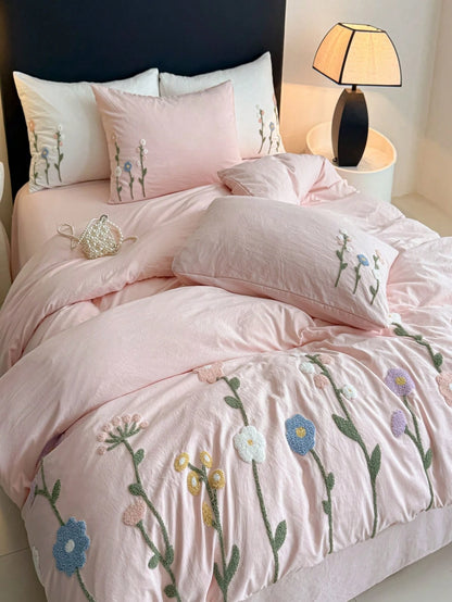 Floral Embroidery Duvet Cover Queen Size- Soft Bedding Set For Girls& Adults, Zipper Closure, 3 Pieces, Includes 1 Duvet Cover (90"X90") & 2 Pillow Shams, NO Comforter