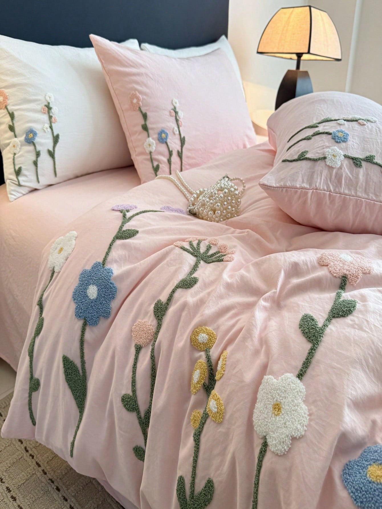 Floral Embroidery Duvet Cover Queen Size- Soft Bedding Set For Girls& Adults, Zipper Closure, 3 Pieces, Includes 1 Duvet Cover (90"X90") & 2 Pillow Shams, NO Comforter