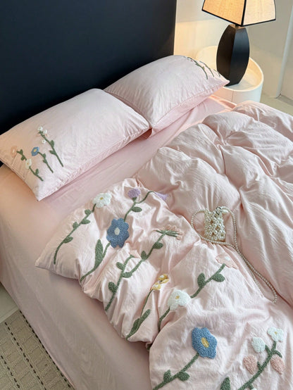 Floral Embroidery Duvet Cover Queen Size- Soft Bedding Set For Girls& Adults, Zipper Closure, 3 Pieces, Includes 1 Duvet Cover (90"X90") & 2 Pillow Shams, NO Comforter