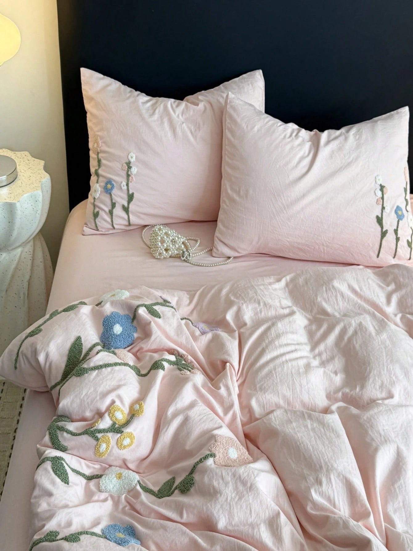 Floral Embroidery Duvet Cover Queen Size- Soft Bedding Set For Girls& Adults, Zipper Closure, 3 Pieces, Includes 1 Duvet Cover (90"X90") & 2 Pillow Shams, NO Comforter