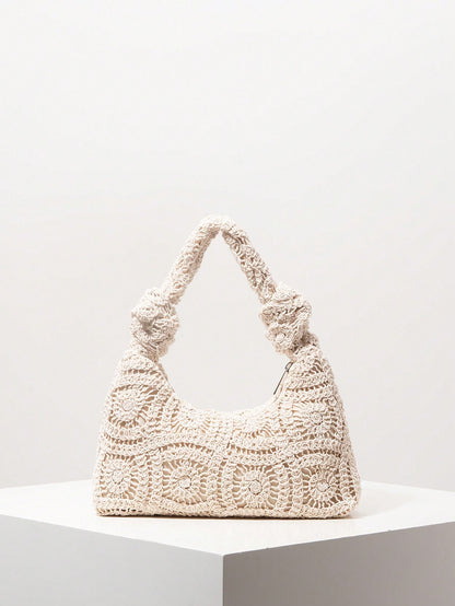 Floral Hollow Crochet Handmade Woven Handbag, Crochel Set, Bohemian Straw Beach Bag, Travel Essentials, Vacationcore