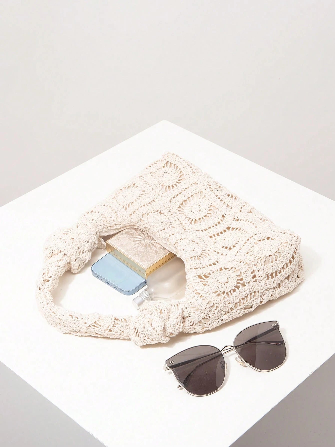 Floral Hollow Crochet Handmade Woven Handbag, Crochel Set, Bohemian Straw Beach Bag, Travel Essentials, Vacationcore