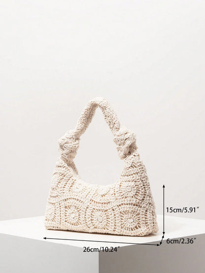 Floral Hollow Crochet Handmade Woven Handbag, Crochel Set, Bohemian Straw Beach Bag, Travel Essentials, Vacationcore