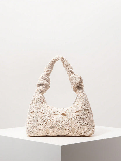 Floral Hollow Crochet Handmade Woven Handbag, Crochel Set, Bohemian Straw Beach Bag, Travel Essentials, Vacationcore