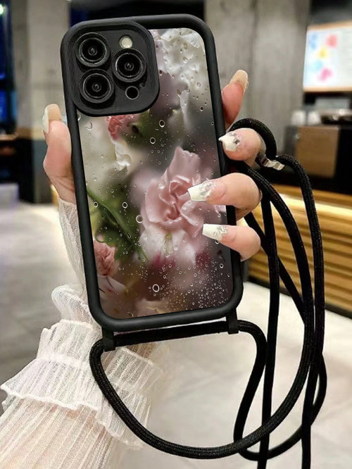 Floral Painted Minimalist Grooved Black Crossbody Adjustable Lanyard Phone Case, Soft Anti-Drop Protective Cover For IPhone 17/17 Pro/17 Pro Max/16/15/XR/16 Pro Max/7P/8P/12 Pro Max/13 Pro Max/14 Pro