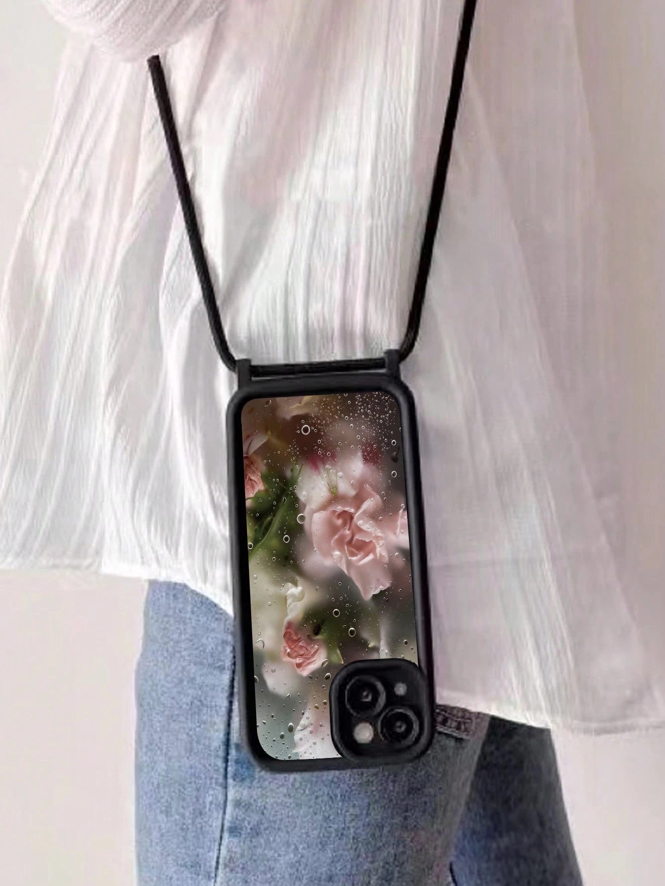 Floral Painted Minimalist Grooved Black Crossbody Adjustable Lanyard Phone Case, Soft Anti-Drop Protective Cover For IPhone 17/17 Pro/17 Pro Max/16/15/XR/16 Pro Max/7P/8P/12 Pro Max/13 Pro Max/14 Pro