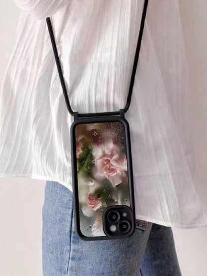 Floral Painted Minimalist Grooved Black Crossbody Adjustable Lanyard Phone Case, Soft Anti-Drop Protective Cover For IPhone 17/17 Pro/17 Pro Max/16/15/XR/16 Pro Max/7P/8P/12 Pro Max/13 Pro Max/14 Pro