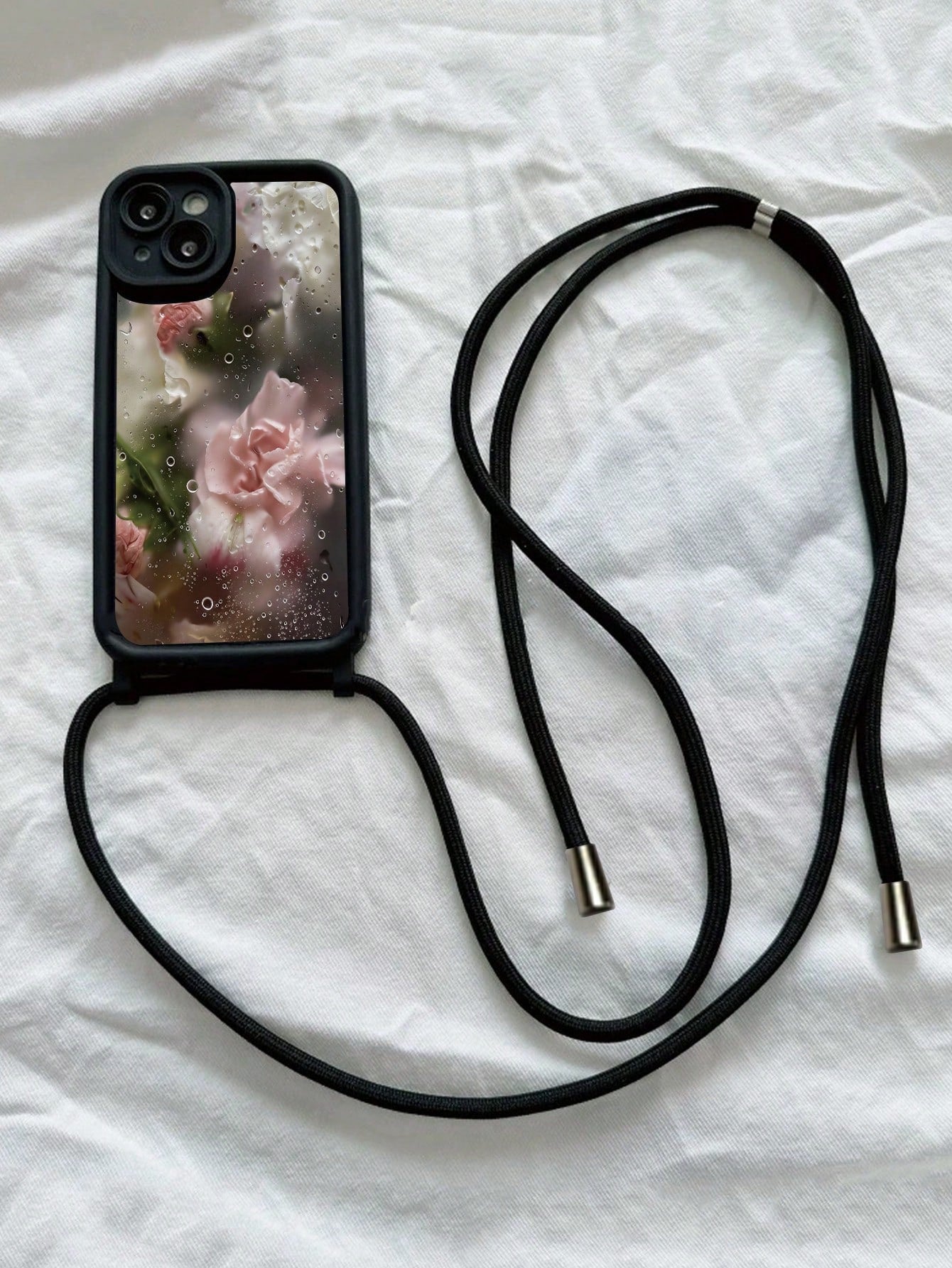Floral Painted Minimalist Grooved Black Crossbody Adjustable Lanyard Phone Case, Soft Anti-Drop Protective Cover For IPhone 17/17 Pro/17 Pro Max/16/15/XR/16 Pro Max/7P/8P/12 Pro Max/13 Pro Max/14 Pro