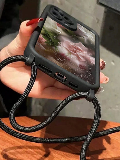 Floral Painted Minimalist Grooved Black Crossbody Adjustable Lanyard Phone Case, Soft Anti-Drop Protective Cover For IPhone 17/17 Pro/17 Pro Max/16/15/XR/16 Pro Max/7P/8P/12 Pro Max/13 Pro Max/14 Pro