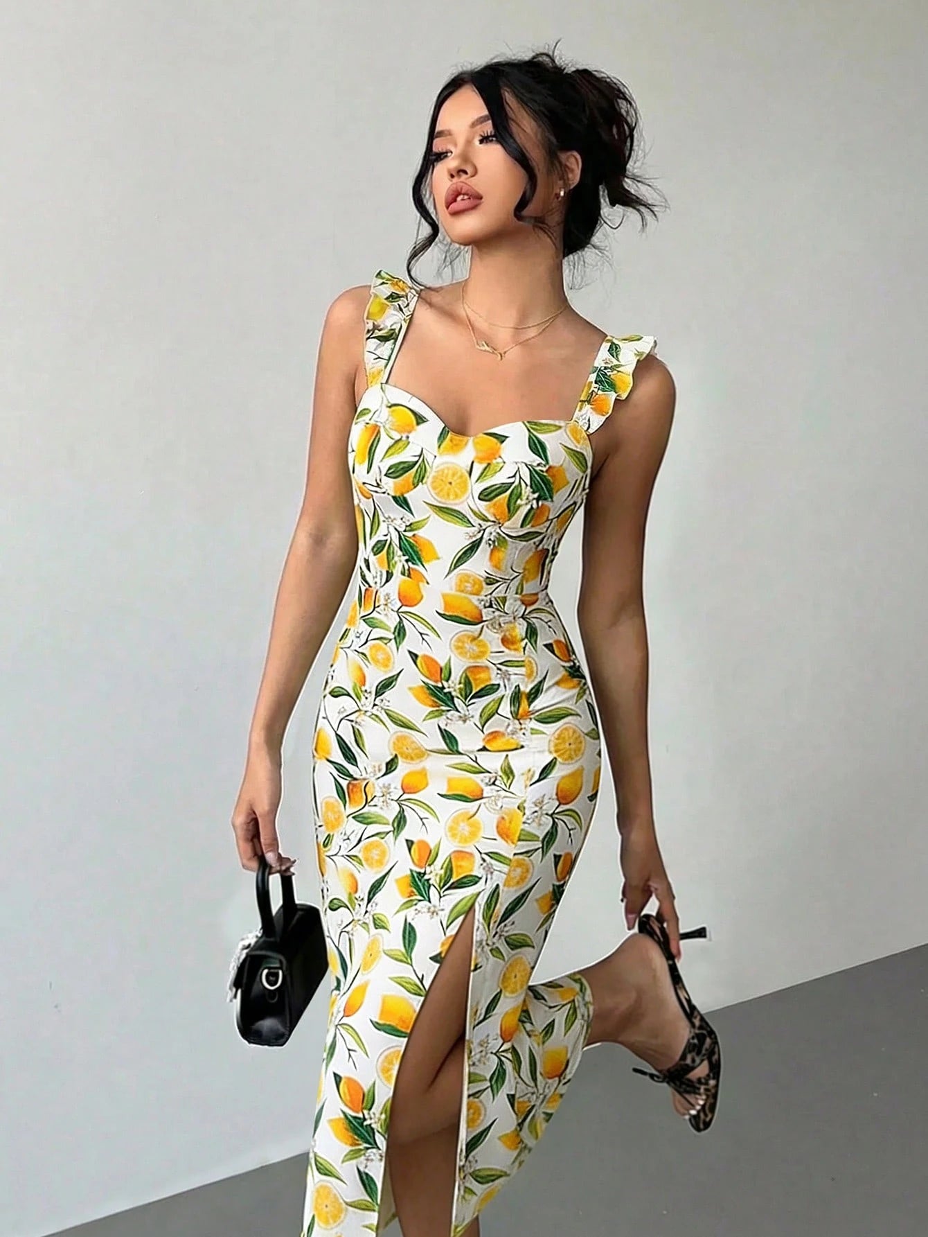 Floral Print Bohemian Elegant High Slit Dress Summer Vacation Yellow
