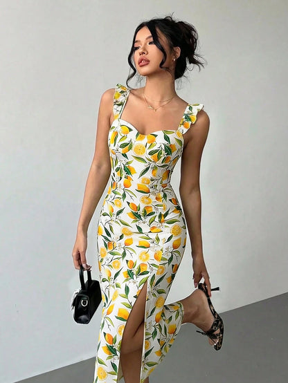 Floral Print Bohemian Elegant High Slit Dress Summer Vacation Yellow