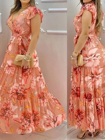 Floral Print Elegant Woven Belted Dress For Women, Suitable For Travel In Summer Vacation