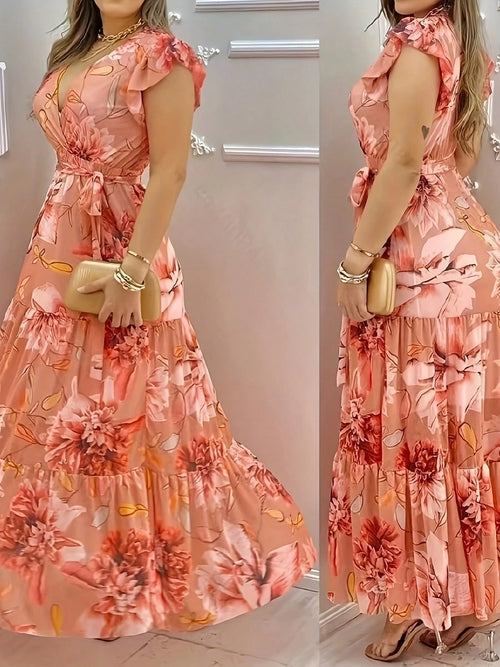 Floral Print Elegant Woven Belted Dress For Women, Suitable For Travel In Summer Vacation