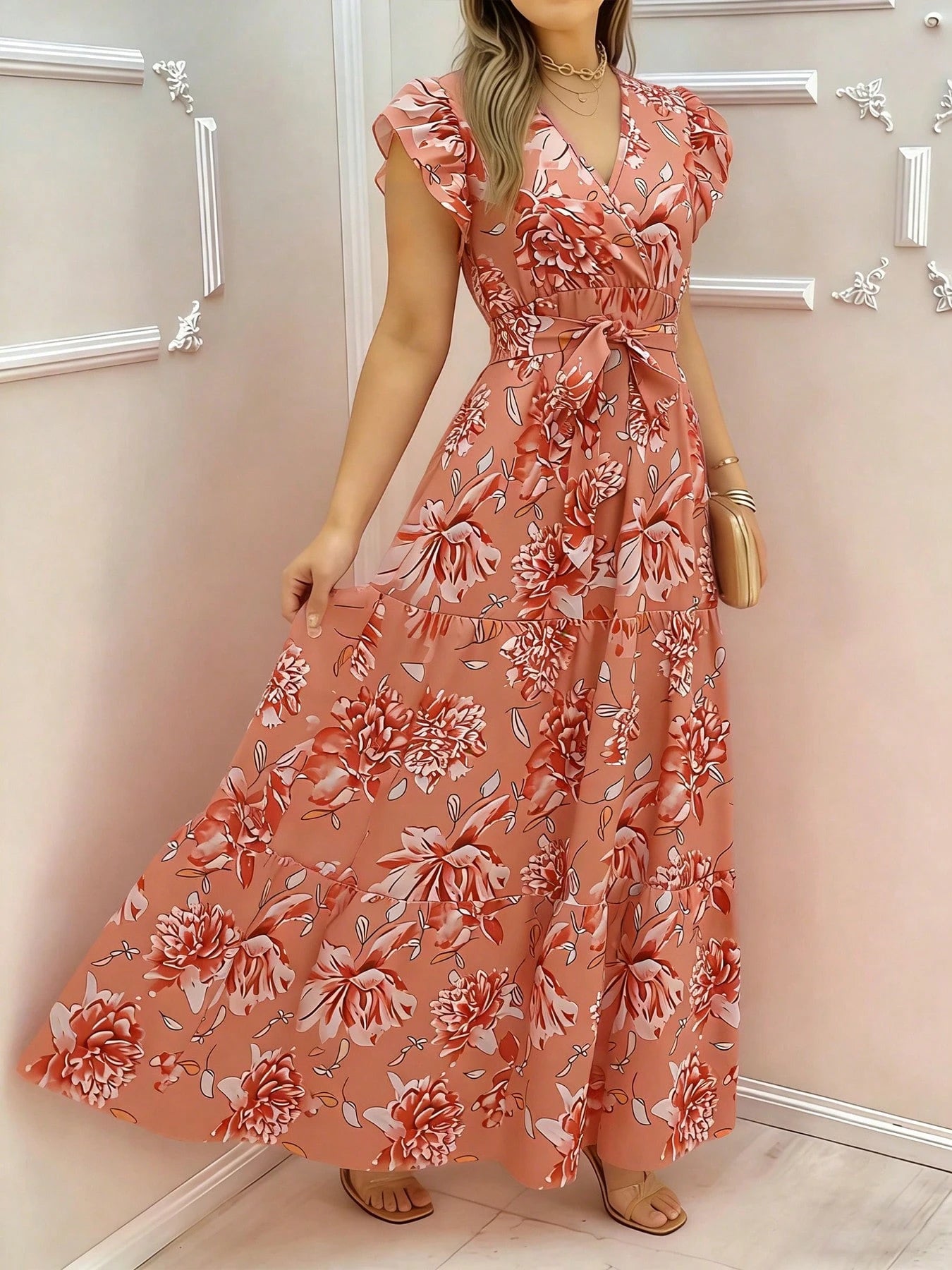 Floral Print Elegant Woven Belted Dress For Women, Suitable For Travel In Summer Vacation