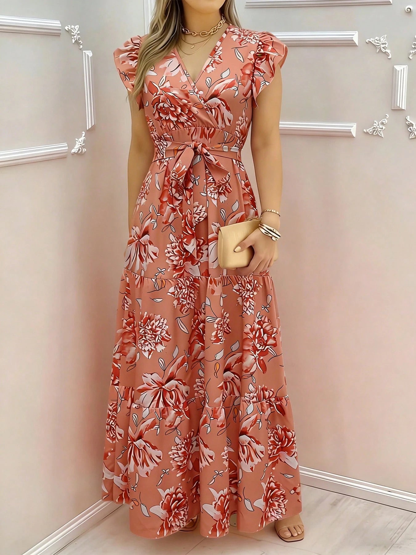 Floral Print Elegant Woven Belted Dress For Women, Suitable For Travel In Summer Vacation