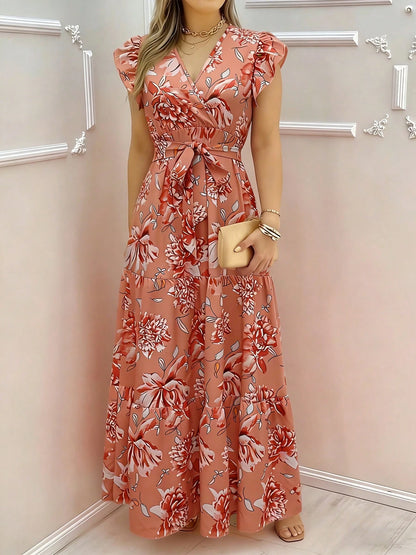 Floral Print Elegant Woven Belted Dress For Women, Suitable For Travel In Summer Vacation