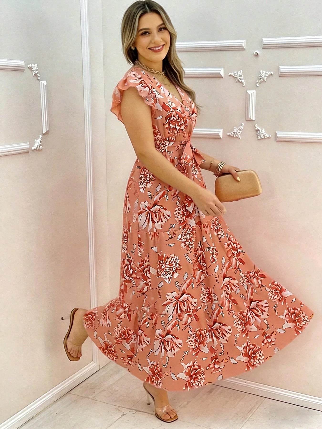 Floral Print Elegant Woven Belted Dress For Women, Suitable For Travel In Summer Vacation