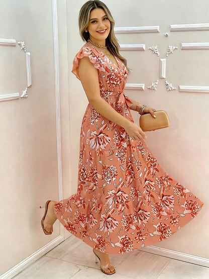 Floral Print Elegant Woven Belted Dress For Women, Suitable For Travel In Summer Vacation