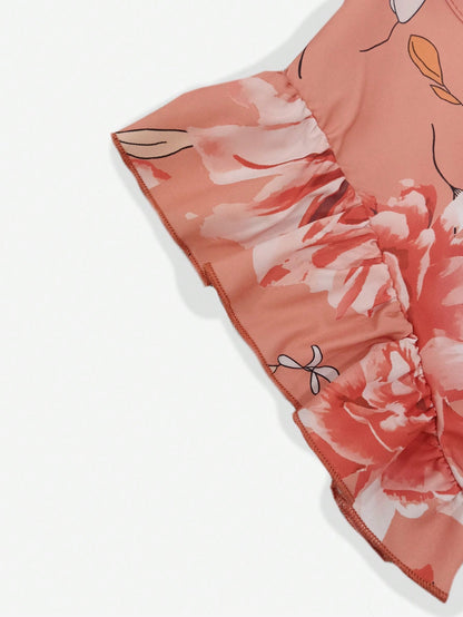 Floral Print Elegant Woven Belted Dress For Women, Suitable For Travel In Summer Vacation